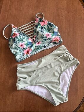 Floral Green High-Waist Bikini Set